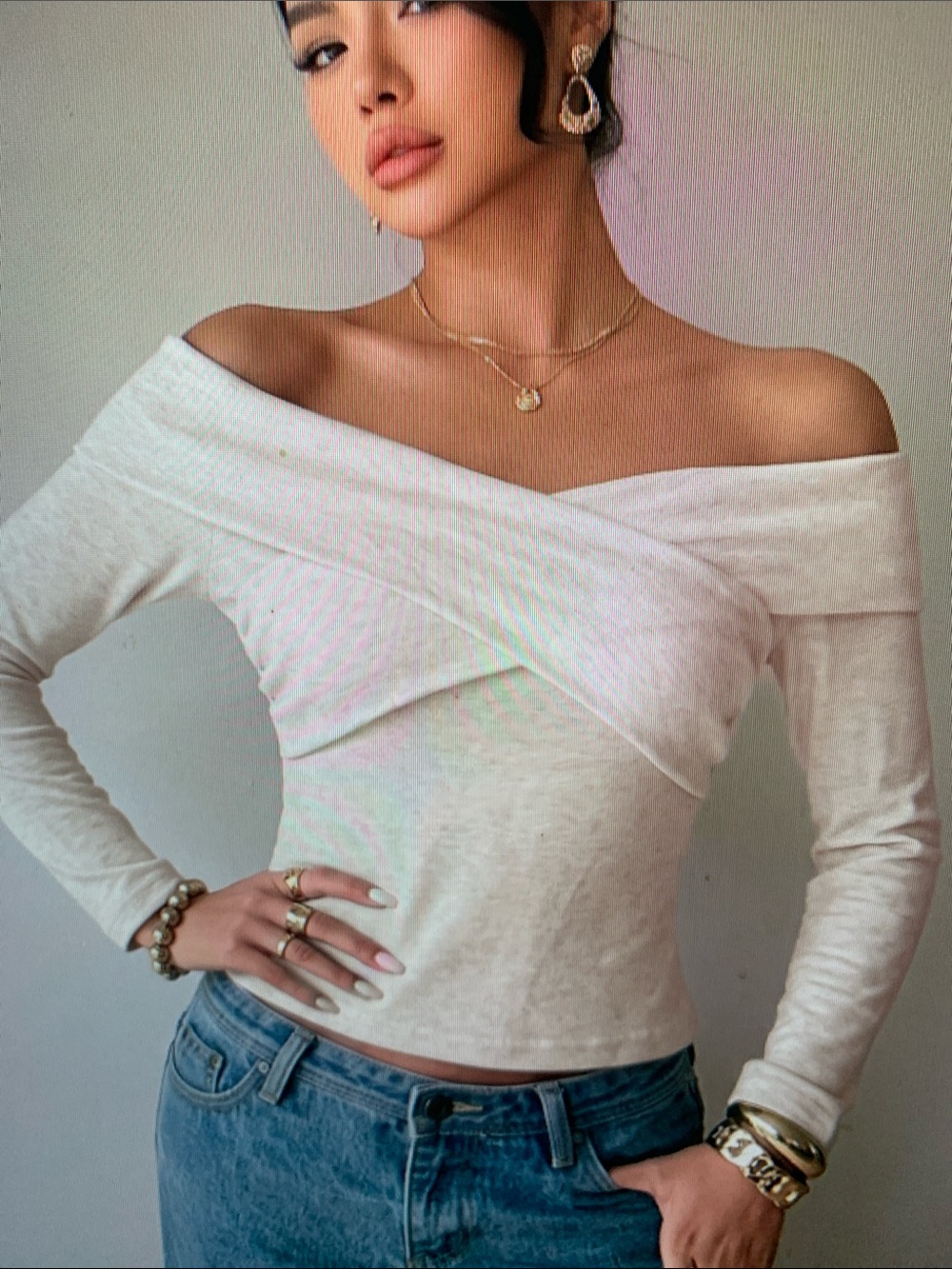 Off-Shoulder Wrap Front Long Sleeve Sweater Top - Cream - Picture 5 of 5